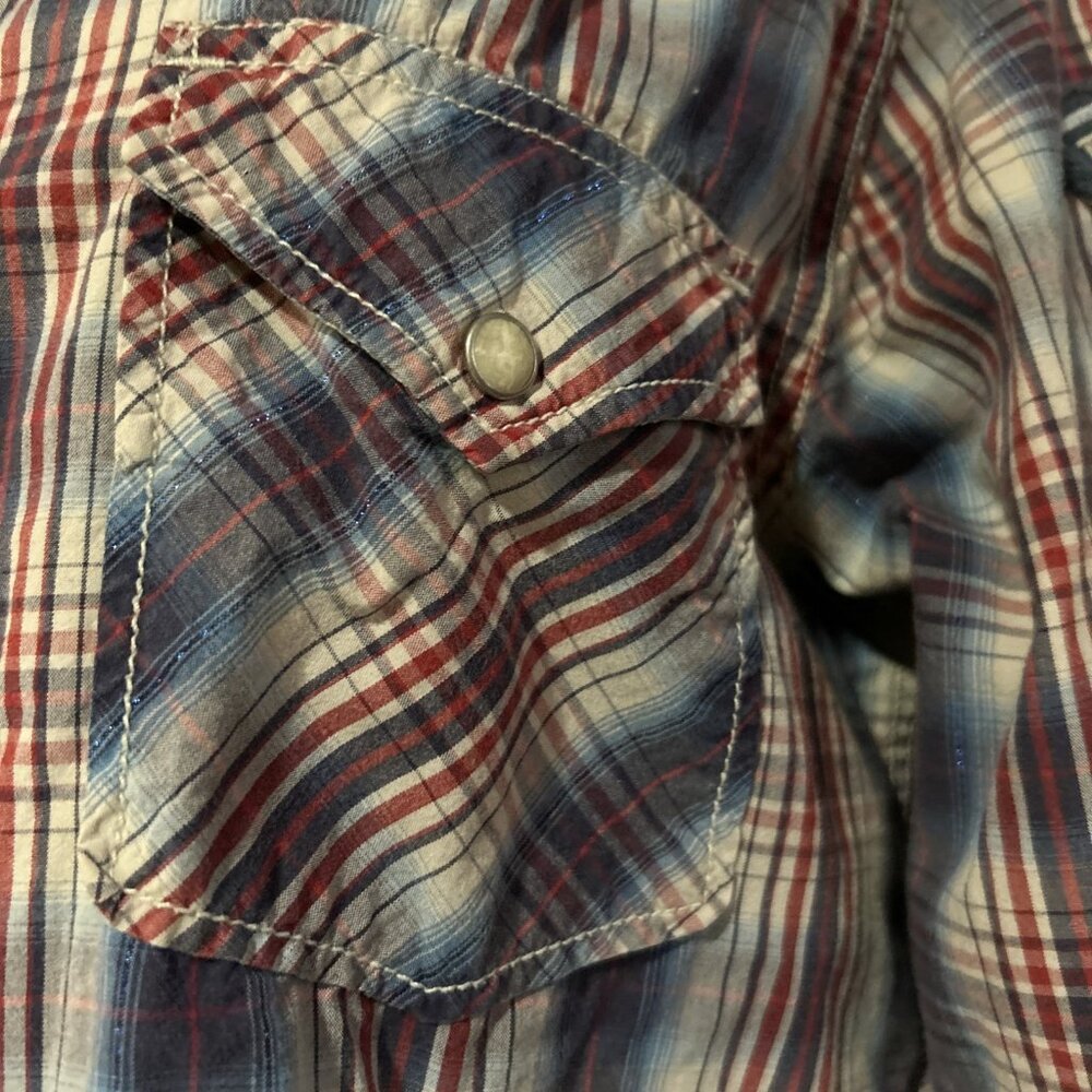 VTG Lucky Brand Western Shirt Womens M Cowgirl Pearl Snap Plaid Tiger Patch - Picture 8 of 16